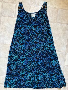 Batik Bali Dress Womens Large Blue Black Floral Pockets Resort Boho Artisan